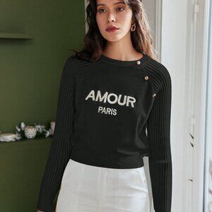 Black Preppy Womens Letter Graphic Button Detail Raglan Sleeve Sweater